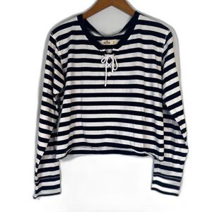 Hollister Blue & White Striped Cropped Lons Sleeve Tie Neck Tee Size Small